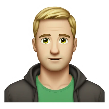 white guy, 30 years old, white skin, round face shape, wide nose, big eyebrows, no beard, very short hair, green eyes sticker