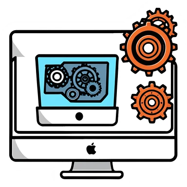 iMac computer with gears on the screen sticker