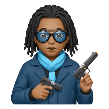 African American man with shoulder length black dreadlocks  wearing black sunglasses wearing a black bubble winter coat wearing a blue hospital mask covering mouth and nose  holding a Glock gun in hand sticker