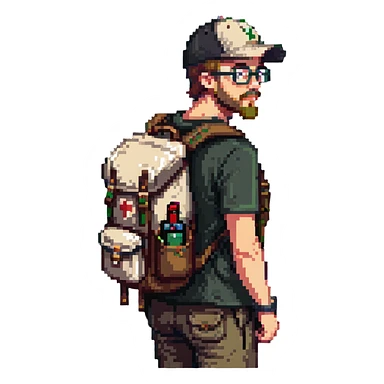 adventurer with goatee beard (no beard on cheeks), short hair, glasses, backwards baseball cap and backpack sticker