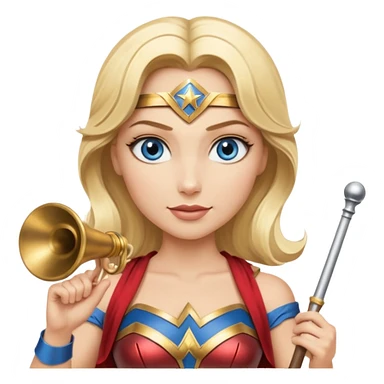 Blonde blue eyed Wonder Woman holding white orchestra conductor’s baton and bell  sticker