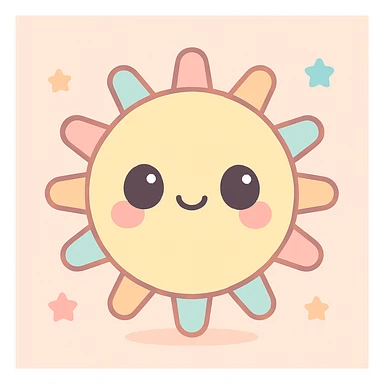 kawaii-style sun character, round and cheerful, animated to bounce gently, pastel colors sticker