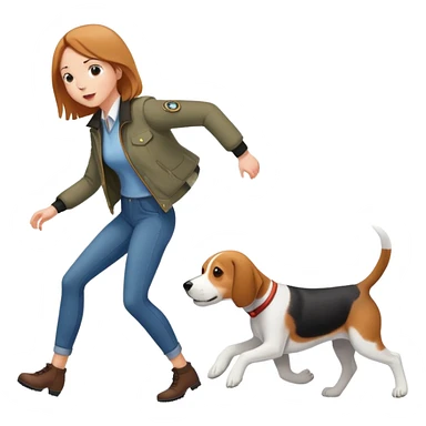 A beautiful tall girl with fair skin wearing a jacket chasing a beagle sticker
