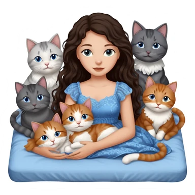 detailed realistic looking a dark grey and white cat regally laying with six other cats, cuddling with their owner in bed who is a pretty bratz lightly tanned white girl with long dark brown hair, blue eyes and gorgeous long wavy hair wearing a pretty detailed dress sticker