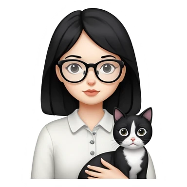 Girl with black hair wearing glasses holding a black and white cat sticker
