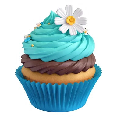 A 3D iOS-style blueberry cupcake with a teal frosting swirl, a single blueberry on top, and a small flower decoration, based on the reference image. The cupcake should have a teal wrapper and a golden-brown base, with a light shadow underneath. sticker