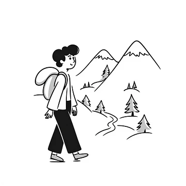 person hiking down one mountain and then climbing up another mountain, showing mountain valley between sticker