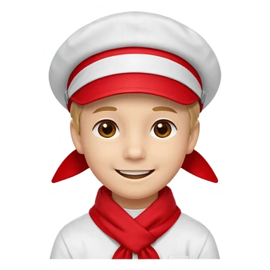 A Soviet pioneer emoji — smiling young boy wearing a bright red tie (pioneer neckerchief) and a red pilotka cap. White shirt, neat and cheerful, minimal flat emoji style, simple colors, clear outlines, professional emoji design. sticker