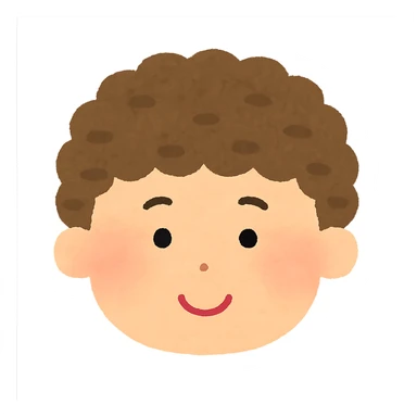 Irasutoya style head, round face, soft colors, simple features, friendly expression, short curly hair, no neck sticker