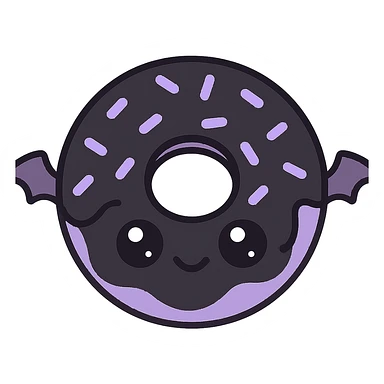 kawaii style gothic donut, cute face, black icing, purple sprinkles, tiny bat wings, playful yet spooky sticker