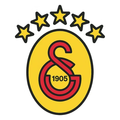 Galatasaray emblem with 5 stars on top, yellow and red tones, modern logo style, minimalistic, color outline icon style sticker