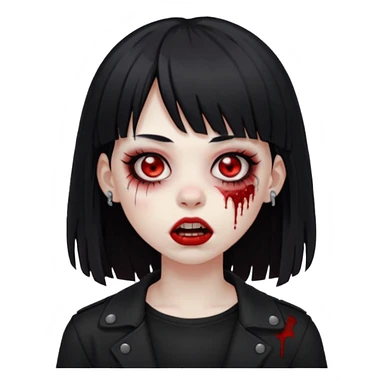 uma garota zumbi, com piercing na boca e no nariz, com olhos vermelhos, cabelos pretos e com franja, e roupa preta sticker