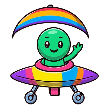 A cheerful rainbow crayon character waving while riding a silver UFO with glowing lights sticker