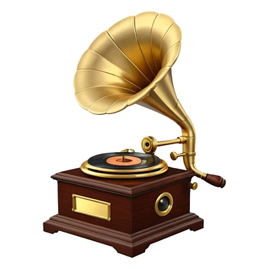 3D render of Gramophone, vintage 1980s audio equipment aesthetic, tactile analog buttons, polished brass gold horn with a dark mahogany wood base, mixed wood grain and brushed aluminum textures, Apple emoji style, isolated on white background --v 6.0 sticker