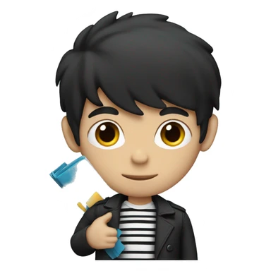 a guy with black hair in a striped T-shirt and a black jacket holds a folder sticker