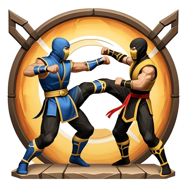 An icon showing two fighters in combat poses, inspired by Mortal Kombat. One character delivers a powerful kick, while the other blocks. The background features an iconic arena from the game with life bars at the top, symbolizing intense battles. Transparent background. sticker