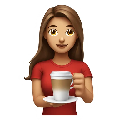 barista girl in a red t-shirt with long brown hair, with a cup of coffee in a hand sticker