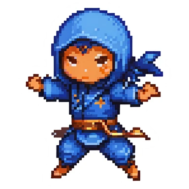 pixel art chibi ninja, blue outfit, jumping, throwing a shuriken sticker