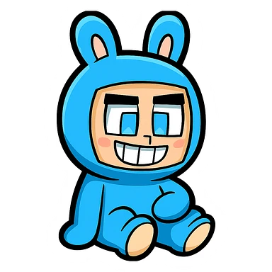 Extract and isolate the small character in the blue bunny suit from the image, placing them on a transparent background, keeping the original Minecraft cartoon style and appearance. sticker