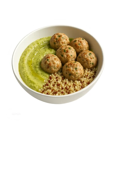 bowl bianca fluttua in aria con polpette di tacchino, purè di zucchine, quinoa e olio di oliva, iperrealistico 4k sticker