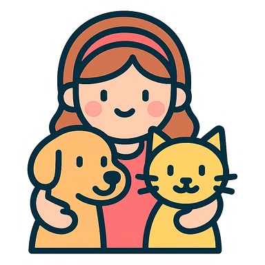 cute little girl hugging a cat and a dog, icon style, rounded shapes, soft pastel colors, friendly and approachable sticker