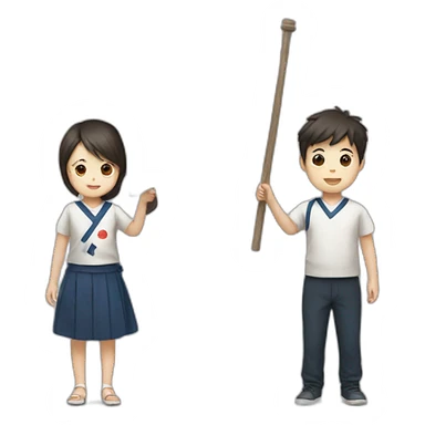 boy and girl holding Japanese flag sticker