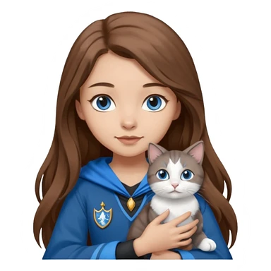 gorgeous Girl with light skin, blue eyes, long brown hair, wears a ravenclaw outfit, with a grey and white cat holding in her arms sticker