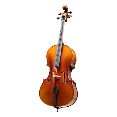 Create a refined and detailed emoji representing a Cremona cello with a bow. The design should feature the smooth, polished wooden body of the cello with a deep, rich tone color. The strings and tuning pegs should be visible, emphasizing the instrument's fine craftsmanship. Add a delicate bow placed gently across the strings, with intricate detailing on the hair and frog. Include subtle musical notes around the cello to evoke the graceful, classical sound. Use warm wood tones and accents like gold and silver for a professional, elegant look. The background should be transparent. sticker