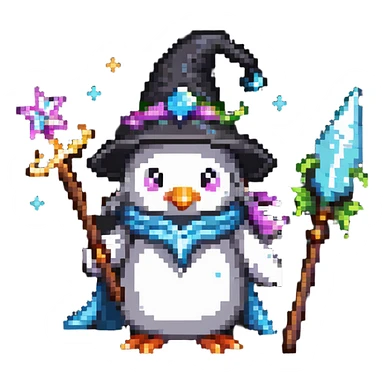 penguin wizard with magical sparkles, a unicorn, fairy, and tiny goblin companion sticker