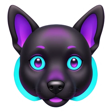 futuristic glowing black dog emoji, neon cyan eyes, purple #8B5CF6 highlights, tech minimal style, dark background sticker