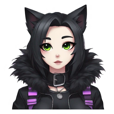 Gorgeous furry gothic dark techwear anime style anthro black cat furry sona Fakemon with blushing face aesthetic and pretty edgy black with collar and harness trending style sticker