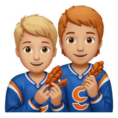 Human eating a chicken wing while watching hockey wearing a jacket with his friend smiling beside him. sticker