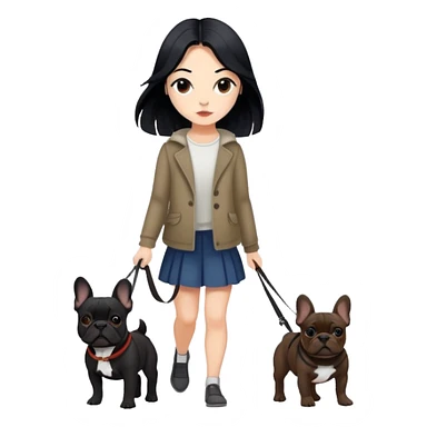 Long black hair - girl walking with dark brown french bulldog  sticker