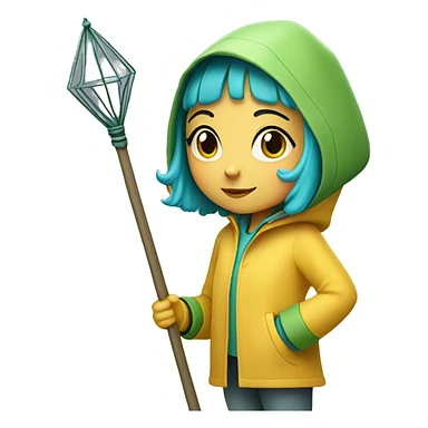 Cute little girl with light short blue hair with peach skin, with yellow raincoat hidden with green boots holding a staff sticker