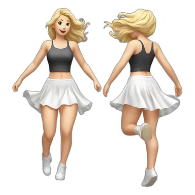 Hyperrealistic Full body Caucasian curvy beauty jumping short white skirt back and front views strong wind sticker