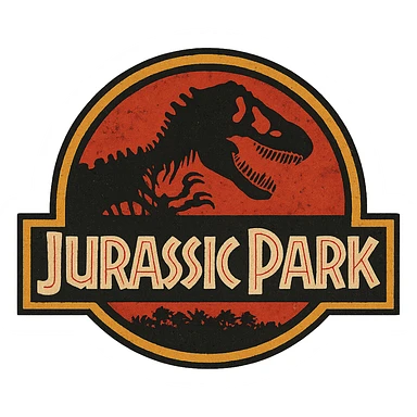 A classic Jurassic Park logo with a dinosaur skeleton silhouette, bold and iconic design, strong contrast, vintage style sticker