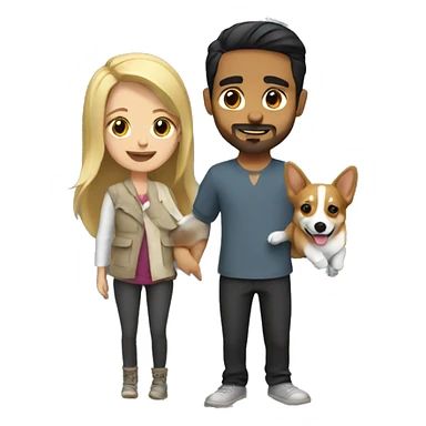 blonde girl with arab guy holding a corgi in their arms sticker