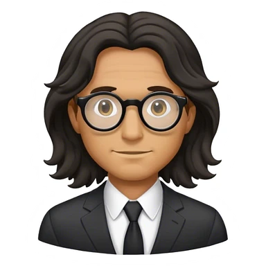 man with a long black wavy hair in a suit wearing round glasses sticker