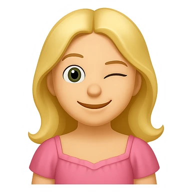 Create an iOS emoji style blonde woman with long hair and pale green eyes, winking expression, based on the appearance in the reference image. sticker