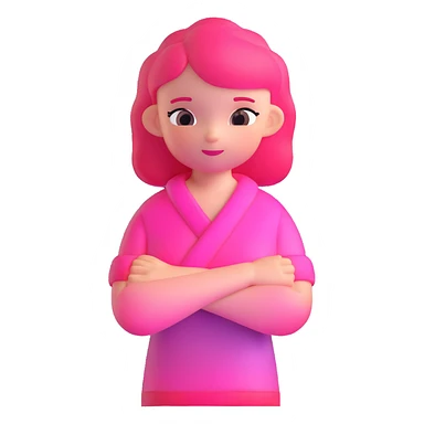 Shy girl character with arms crossed, transparent glass style, bright pink gradient, soft shadows and highlights, minimalist cute design sticker