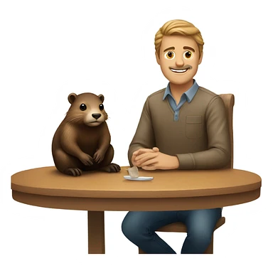 A guy is sitting with a beaver at a table sticker
