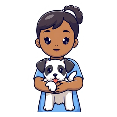 Black girl with short bangs holding a white schnauzer puppy sticker