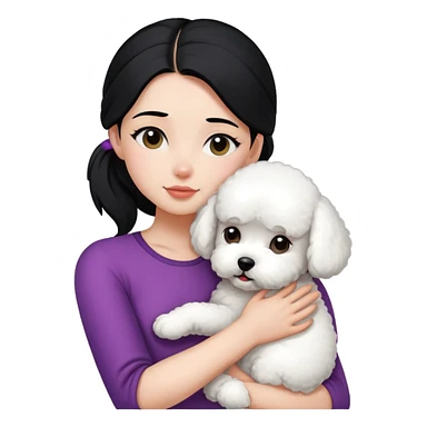 One long face girl with straight black hair in a ponytail，hugging one Bichon frise sticker