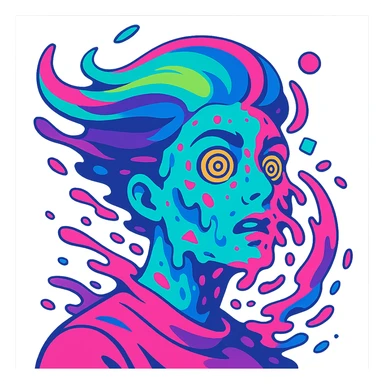 surreal portrait, neon turquoise and electric pink skin, face melting into swirling paint particles, hair as liquid aurora, spiral eyes, geometric shapes on face, dynamic movement sticker