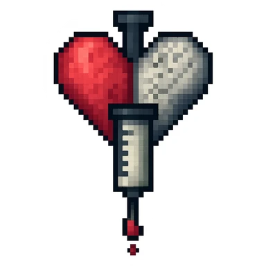 Add a blood drip coming from the syringe and heart. Keep the pixel art style and no background. sticker