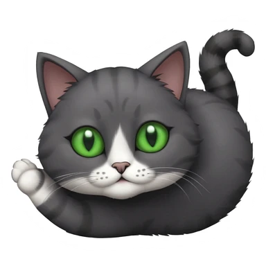 solid dark grey cat with green eyes, completely solid grey face, white toes/paws playing rolling upside down sticker