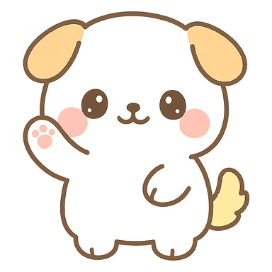 super kawaii, fluffy chubby puppy waving, round face, big sparkly eyes, blushing cheeks, tiny limbs, short tail, soft fluffy fur; hand-drawn Japanese kawaii style, watercolor pastel tone, consistent colors cream, pastel pink, pastel yellow, baby blue sticker