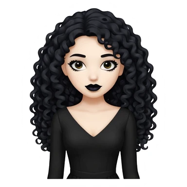 long black curly hair with white skin black dress and black lipstick sticker