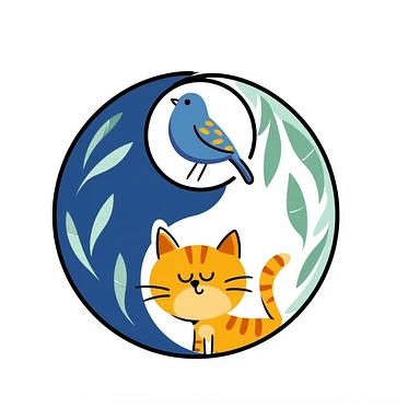 A colorful yin-yang symbol in blues and oranges with gentle leaf patterns in green, representing harmony and balance. Hand-drawn doodle style with vibrant colors. sticker
