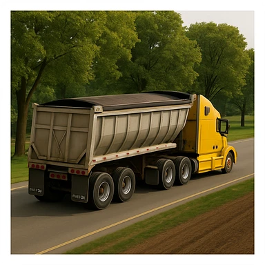 Add more trees to the background while keeping the yellow Volvo sleeper semi truck driving away with a large end dump trailer through farmland in a realistic style. sticker